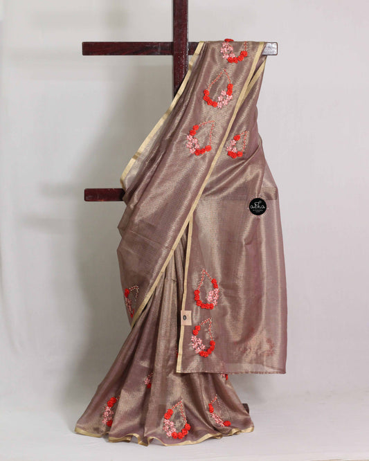 Semi Tissue Saree with Floral Ribbon Embroidery