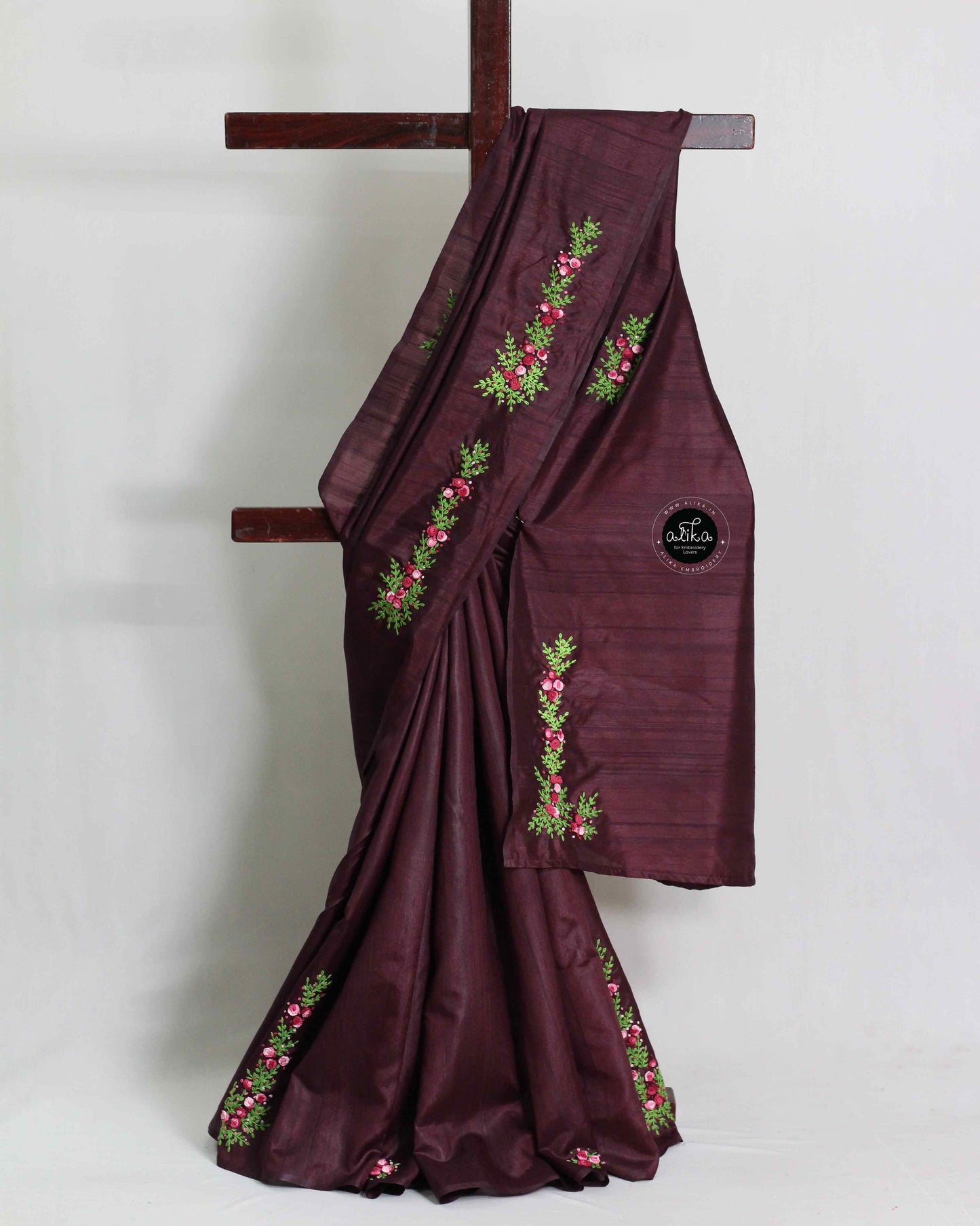 Wine Semi Silk Saree with Hand Embroidery | Alika Fashion Store
