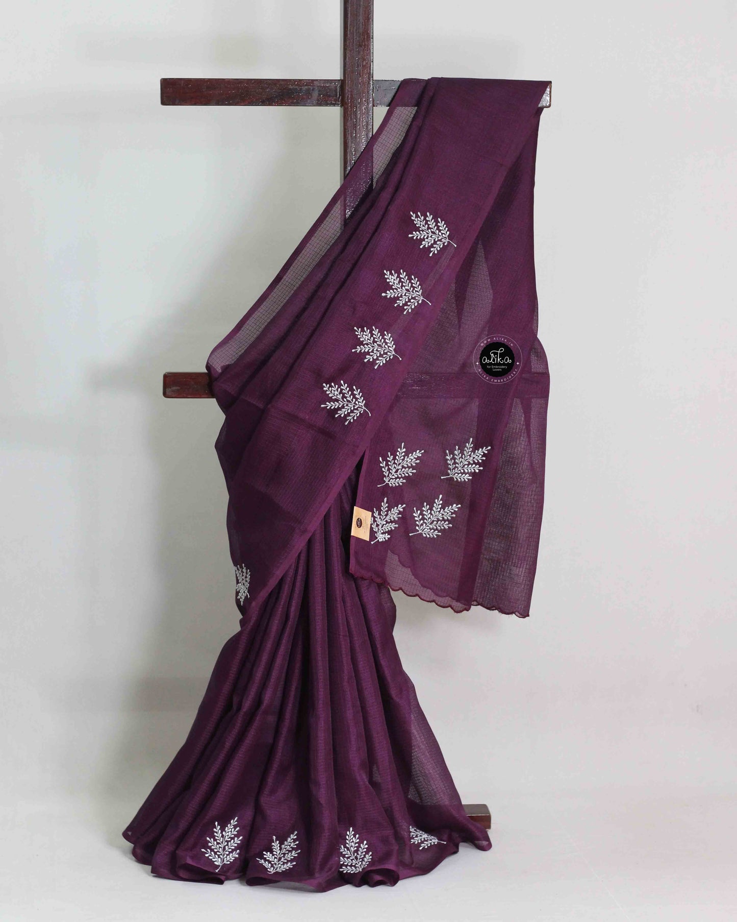 dark purple silky Kota Saree with Floral Machine Embroidery