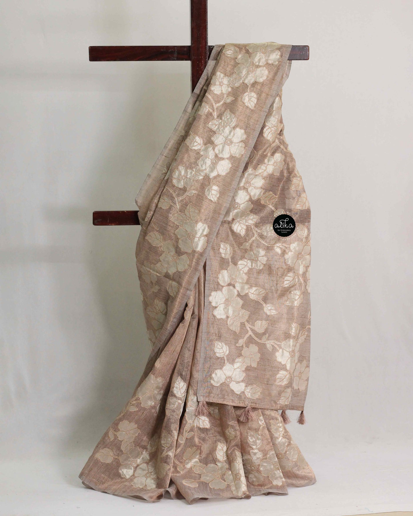 Rose Gold Semi Tissue Saree with Floral Appliqué Work – Luxury Designer Wear
