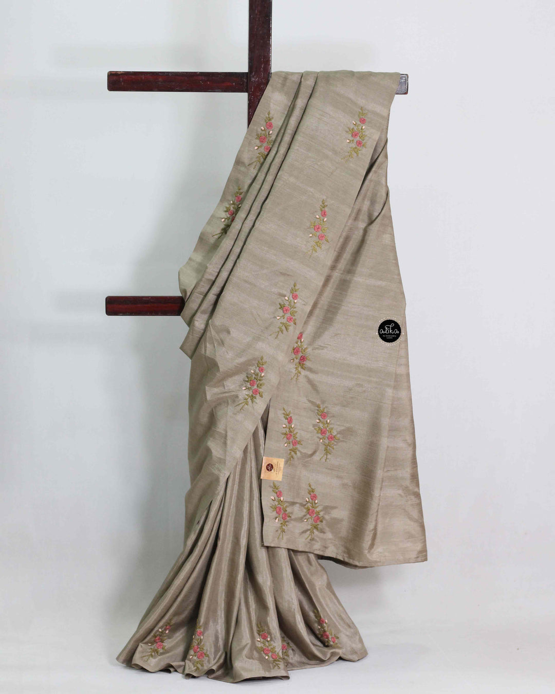 Dark Olive Green Semi Silk Saree with Hand Floral Embroidery
