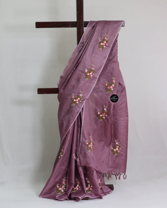 wine purple Semi Tussar Silk Saree with Hand Embroidery