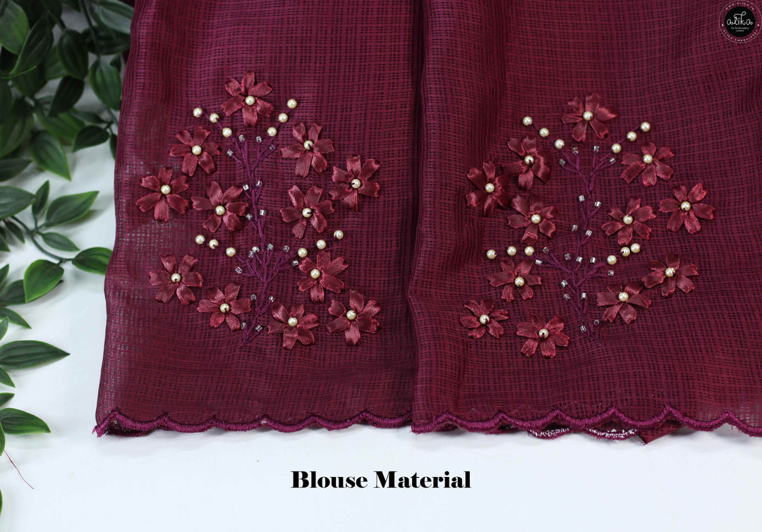 Wine Colour Silky Kota Saree with Floral Ribbon Embroidery