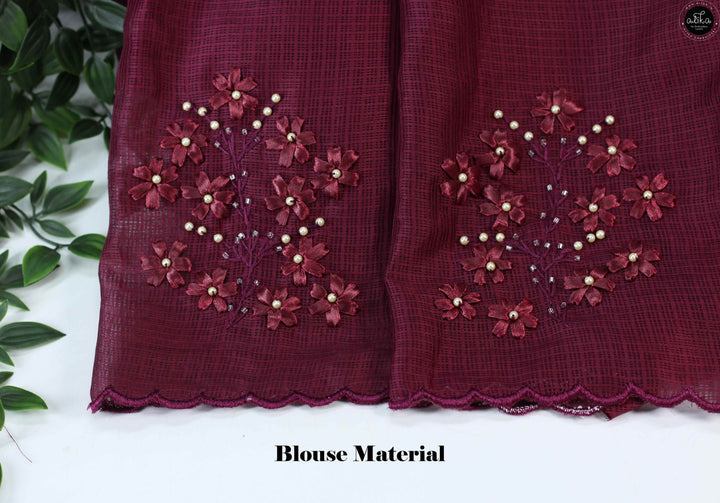Wine Colour Silky Kota Saree with Floral Ribbon Embroidery