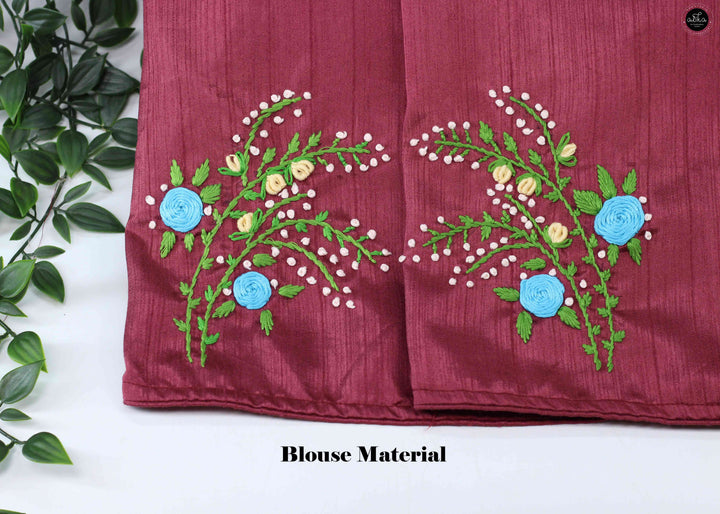Maroon Semi Silk Saree with Floral Hand Embroidery –