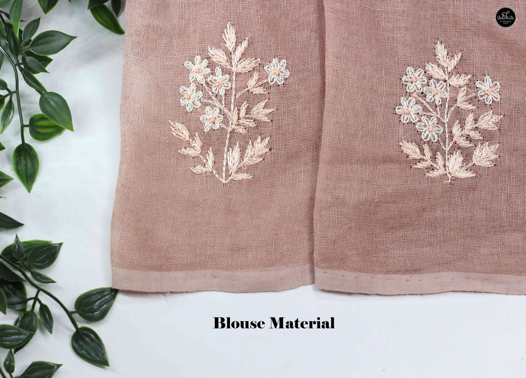 Dusty Mauve Pure Linen Saree with Floral Embroidery
