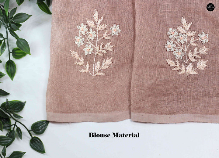 Dusty Mauve Pure Linen Saree with Floral Embroidery