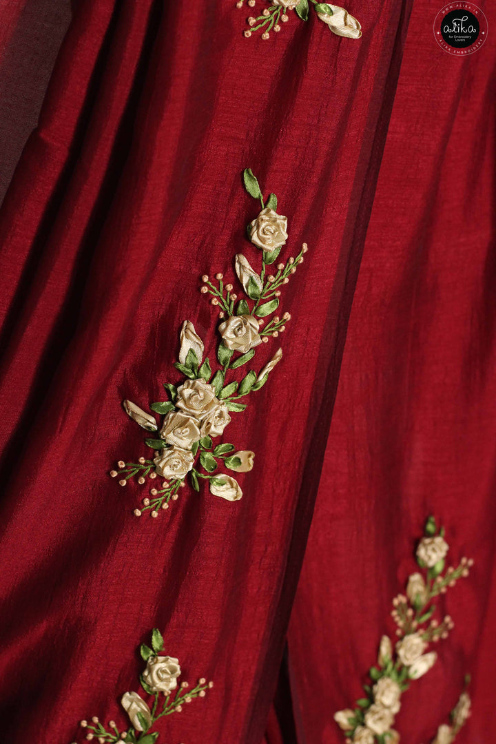 Maroon Designer Silk Saree with Golden Floral Ribbon Work