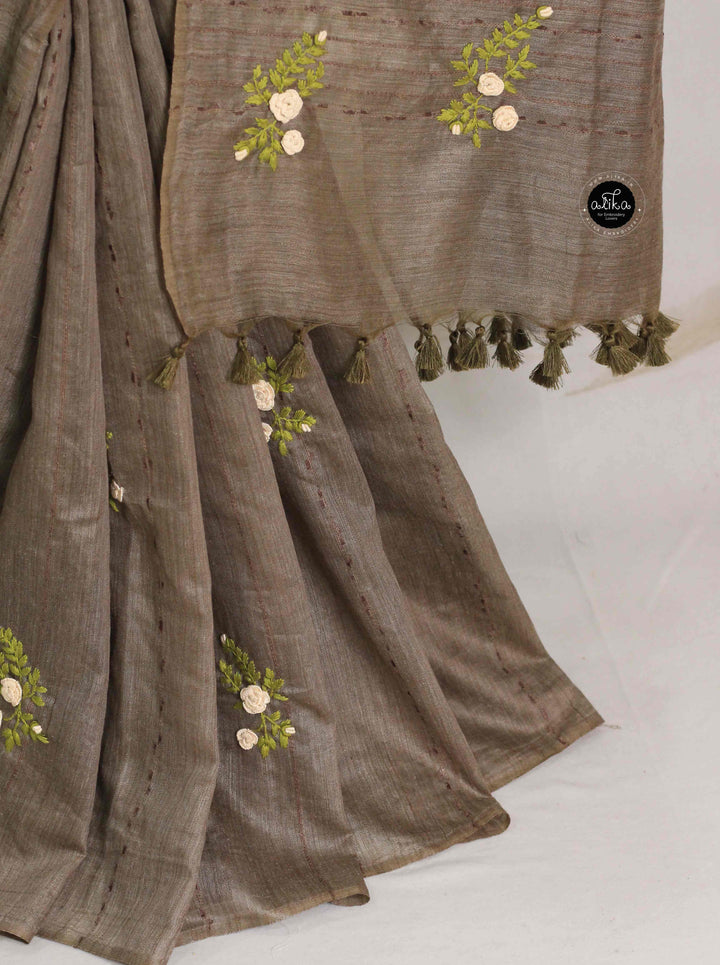 Olive Brown Bamboo Silk Saree with Floral Hand Embroidery