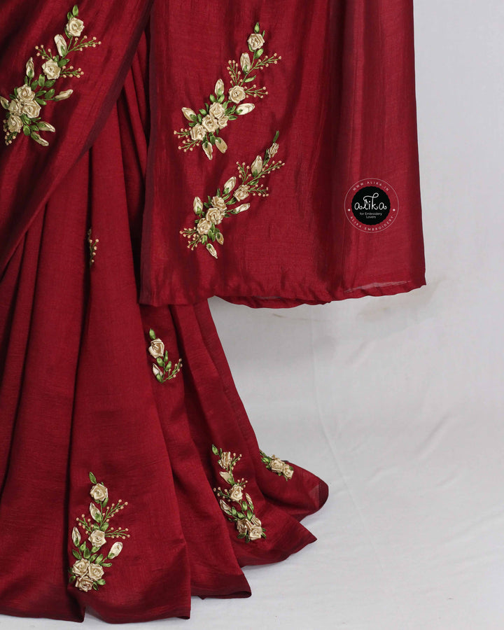 Maroon Designer Silk Saree with Golden Floral Ribbon Work
