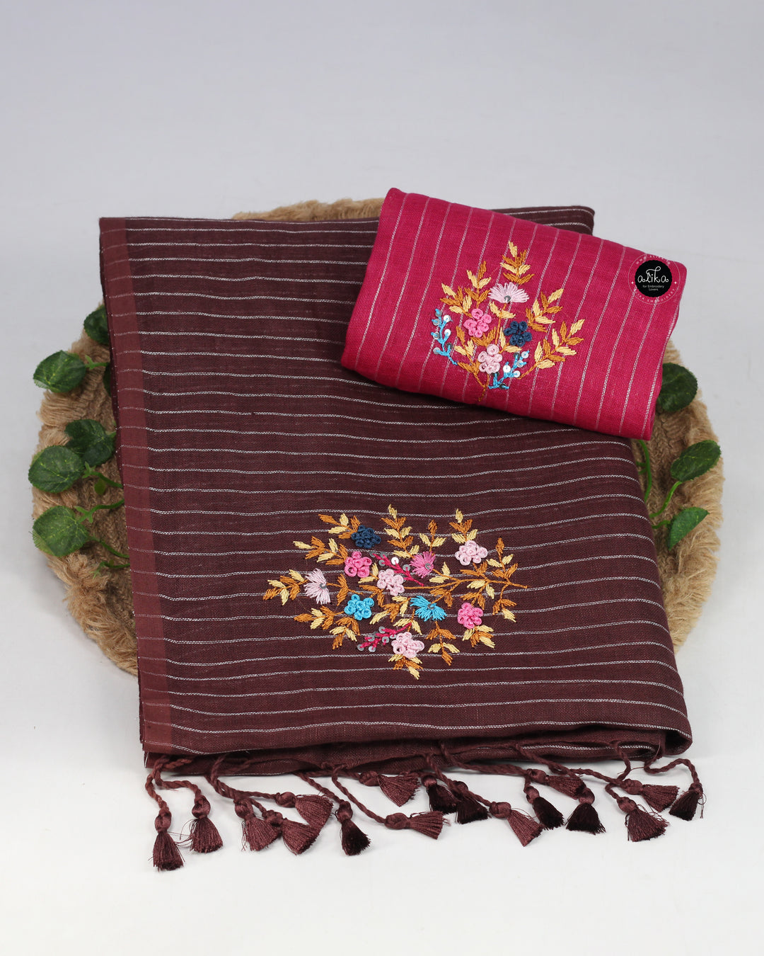 Coffee Brown Pure Linen Saree with Stripes &amp; Floral Embroidery