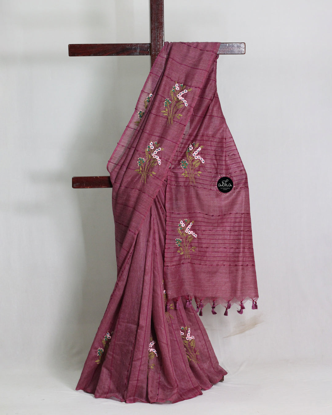 Mauve Purple Bamboo Silk Saree with Floral Hand Embroidery