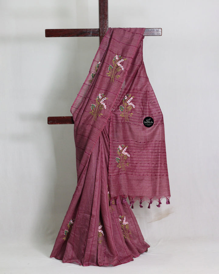 Mauve Purple Bamboo Silk Saree with Floral Hand Embroidery
