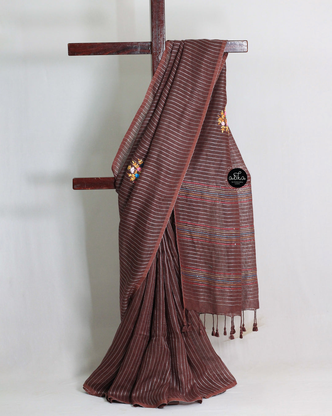 Coffee Brown Pure Linen Saree with Stripes &amp; Floral Embroidery