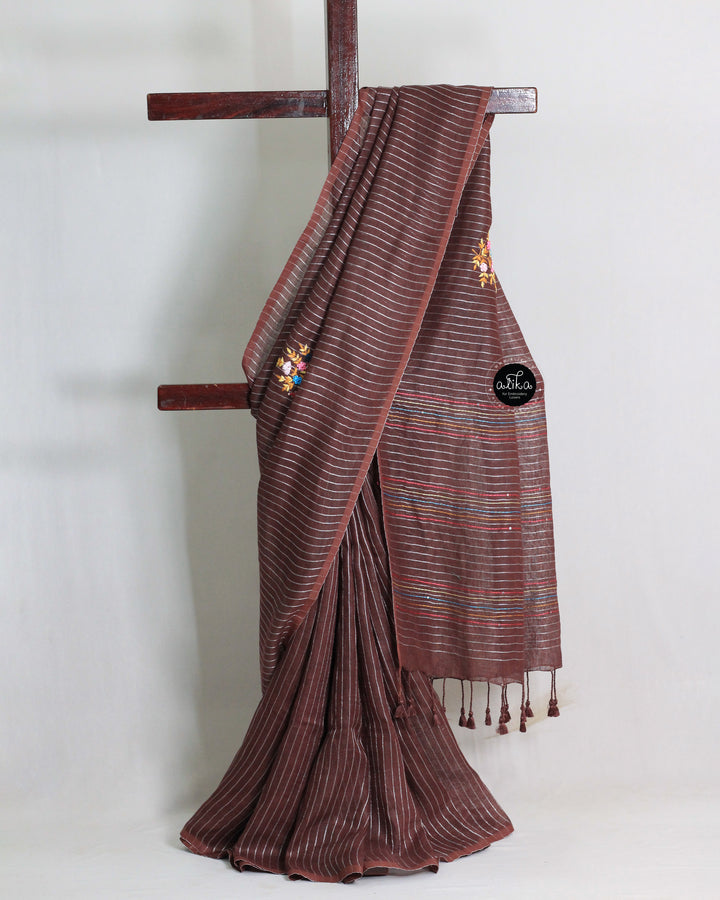 Coffee Brown Pure Linen Saree with Stripes &amp; Floral Embroidery
