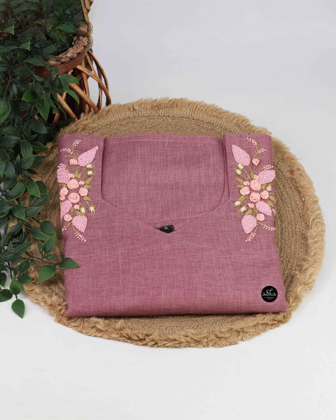 Dark Onion Pink Semi-Linen Stitched Kurti with Floral Hand Embroidery on Neckline