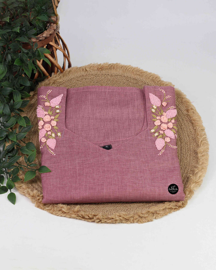 Dark Onion Pink Semi-Linen Stitched Kurti with Floral Hand Embroidery on Neckline