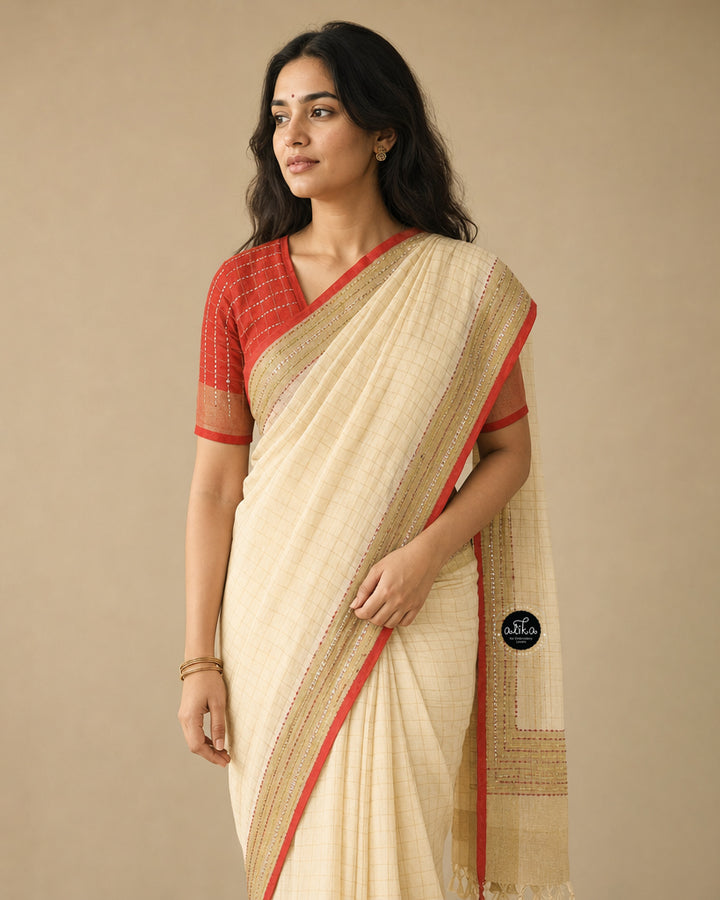 Cream Pure Linen Saree with Bead &amp; Sequin Work