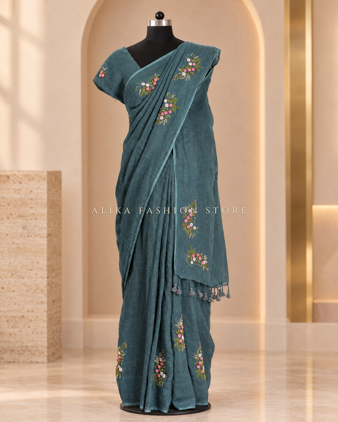 Peacock Teal Pure Linen Saree with Floral Hand Embroidery