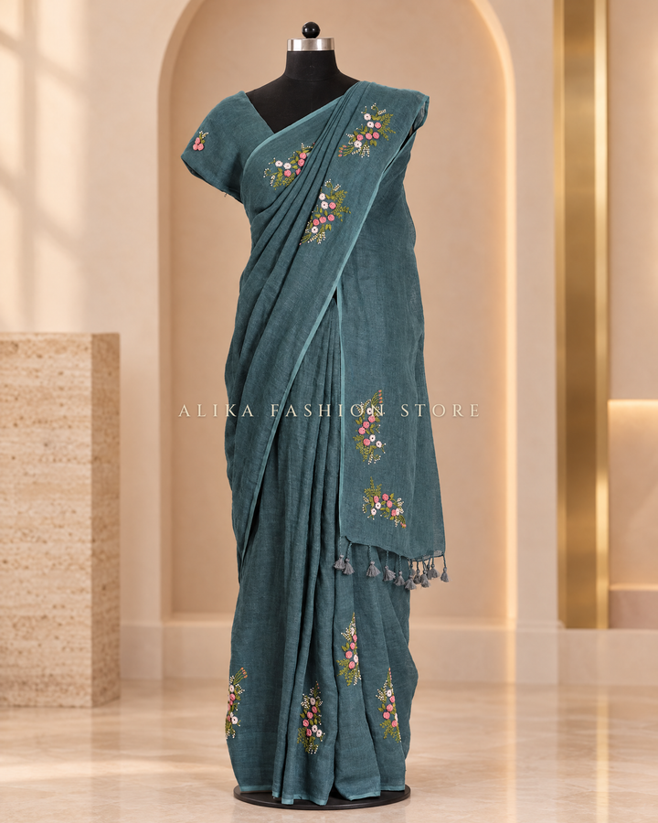 Peacock Teal Pure Linen Saree with Floral Hand Embroidery