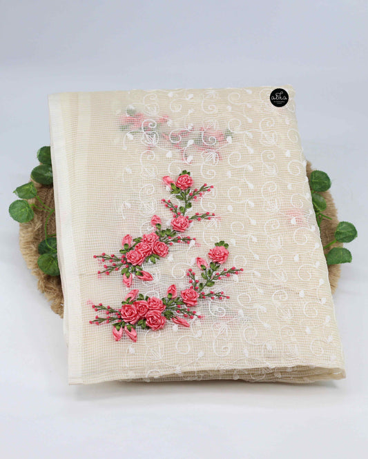 Peach Phulkari Saree with Ribbon Work Embroidery | Alika Fashion Store