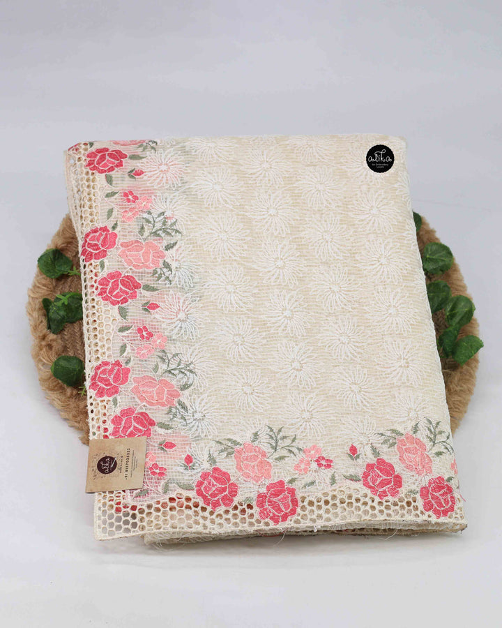 Cream Phulkari Saree with Floral Cut Work Border