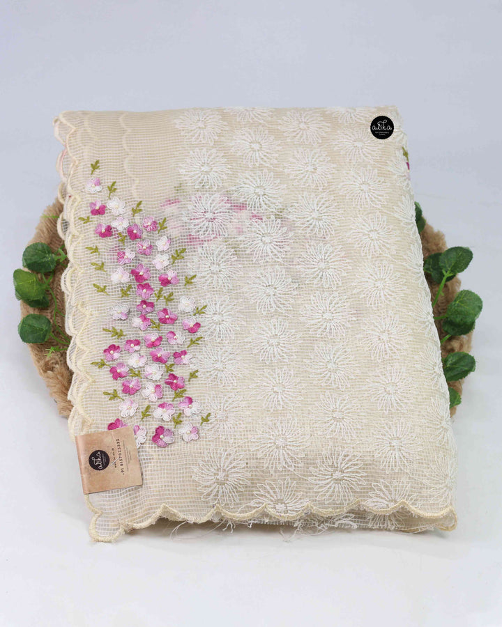 Cream Phulkari Saree with Floral Hand Embroidery