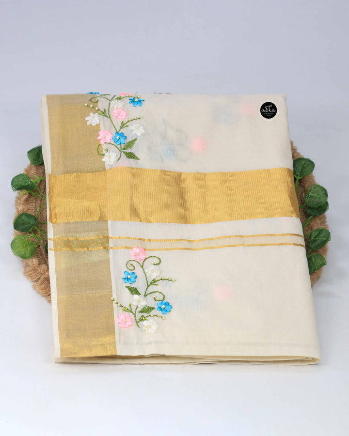 Cream Kerala Saree with Floral Multicolor Ribbon Work
