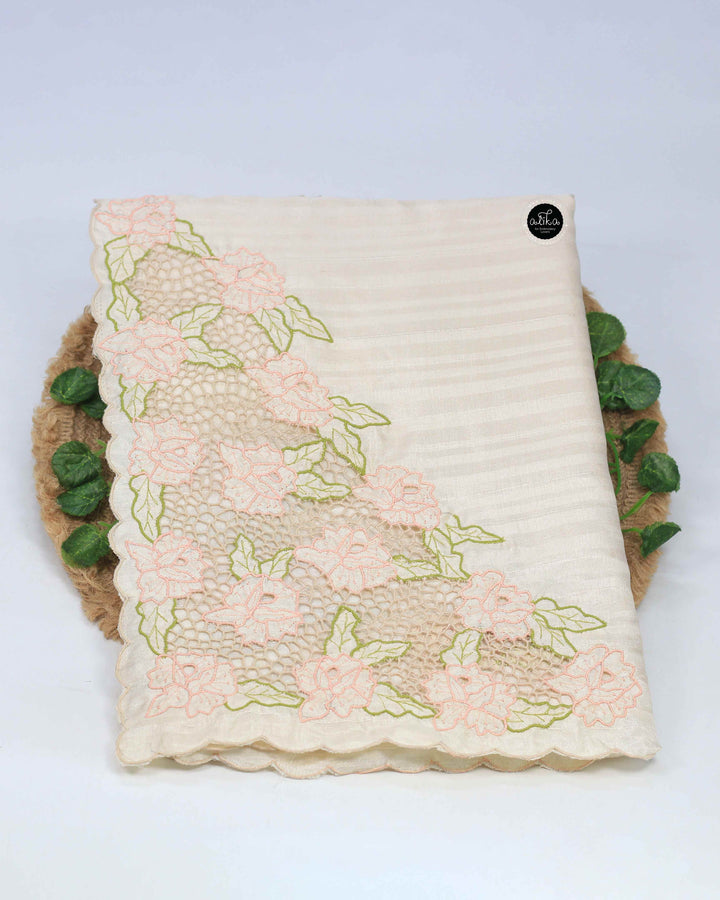 Cream Designer Silk Saree with Floral Twine Cutwork