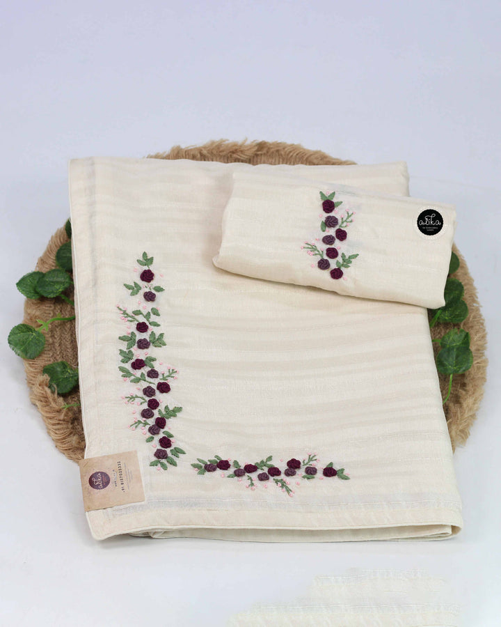 Cream Designer Silk Saree with Floral Purple Hand Embroidery