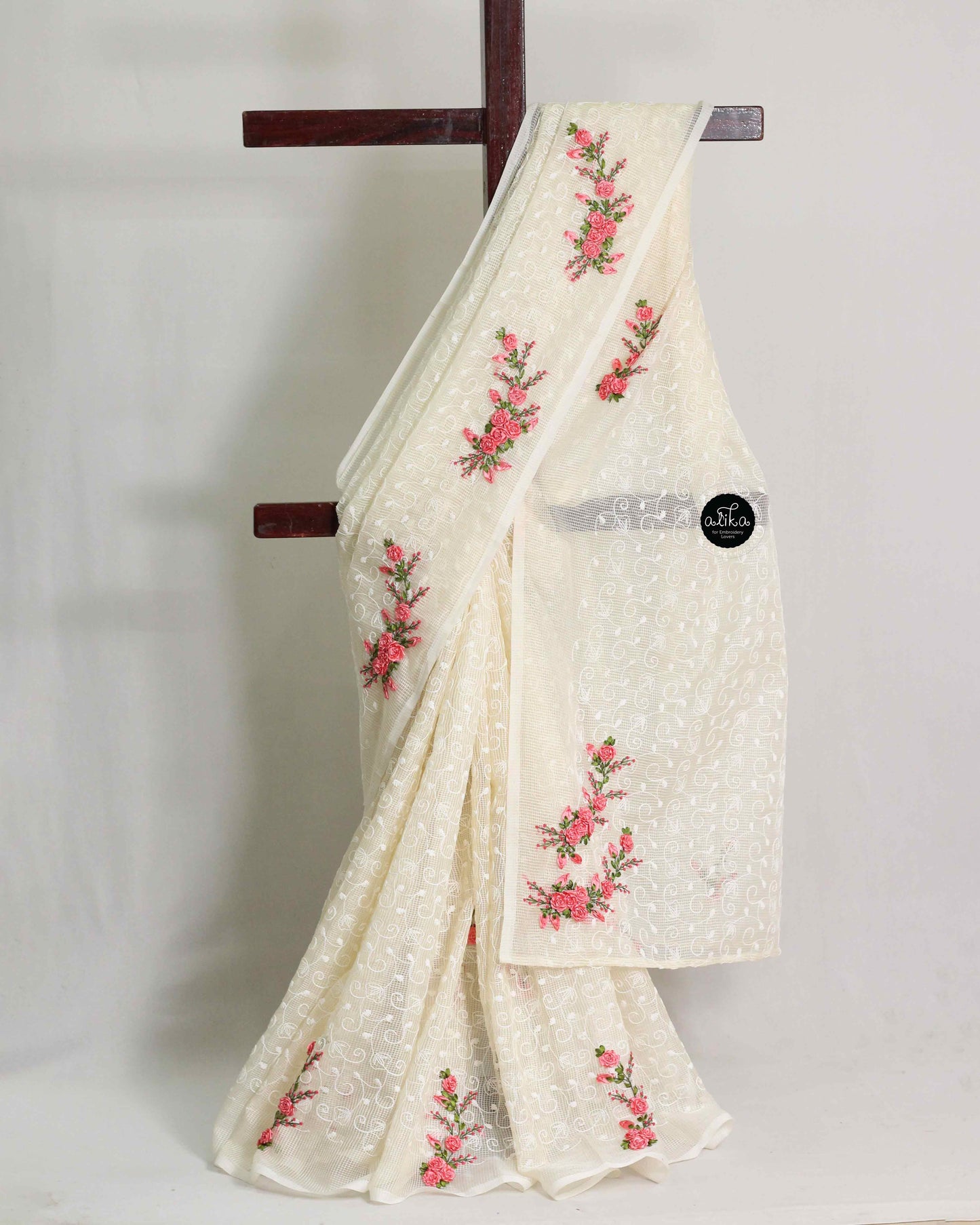 Peach Phulkari Saree with Ribbon Work Embroidery | Alika Fashion Store