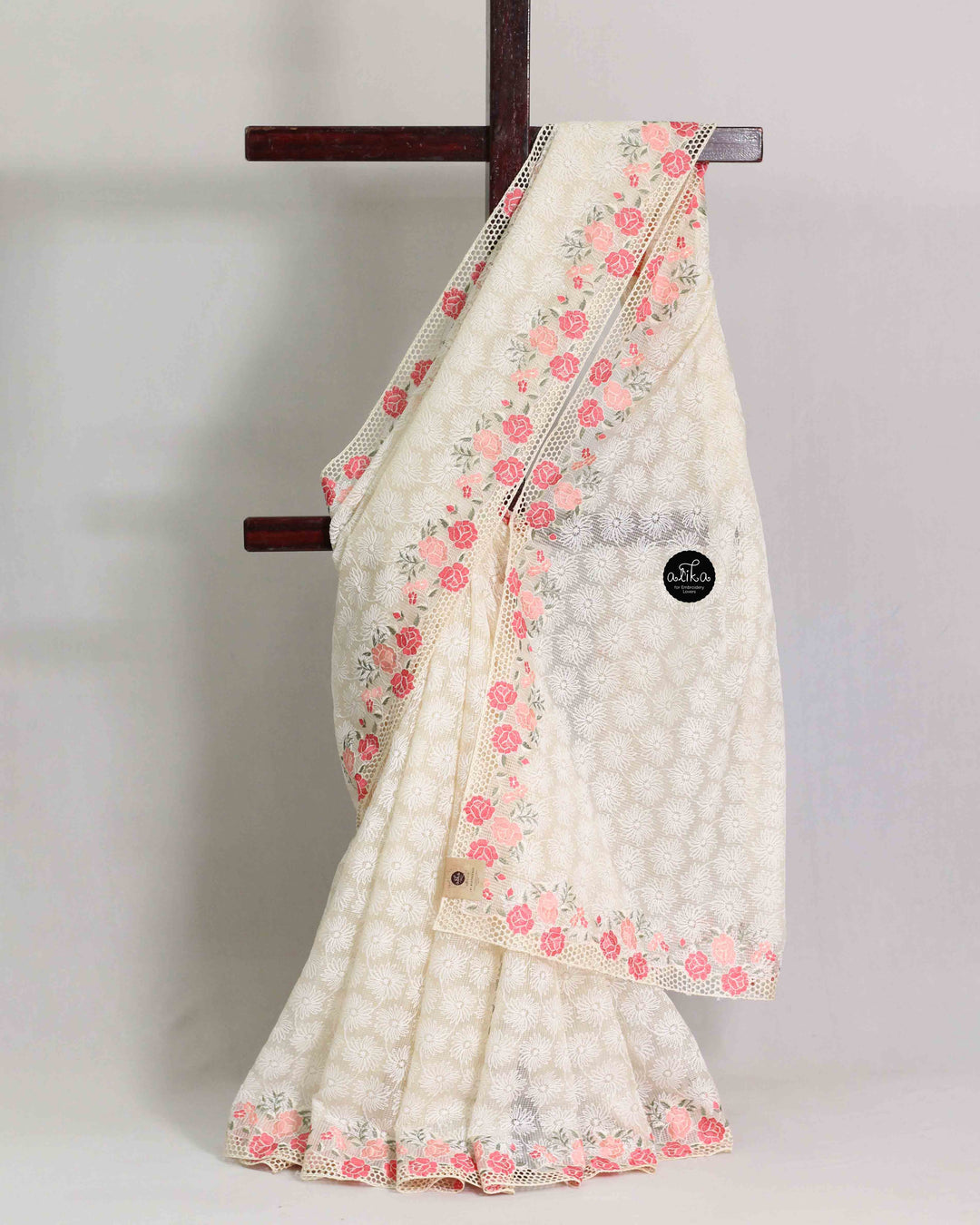 Cream Phulkari Saree with Floral Cut Work Border