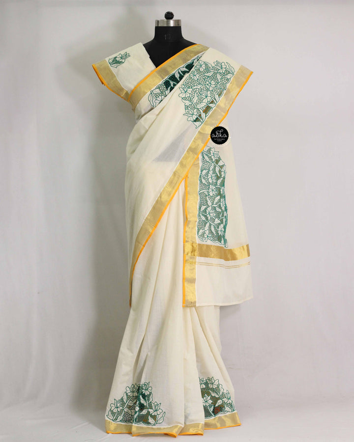 Cream Kerala Saree with Green Floral Twine Cutwork