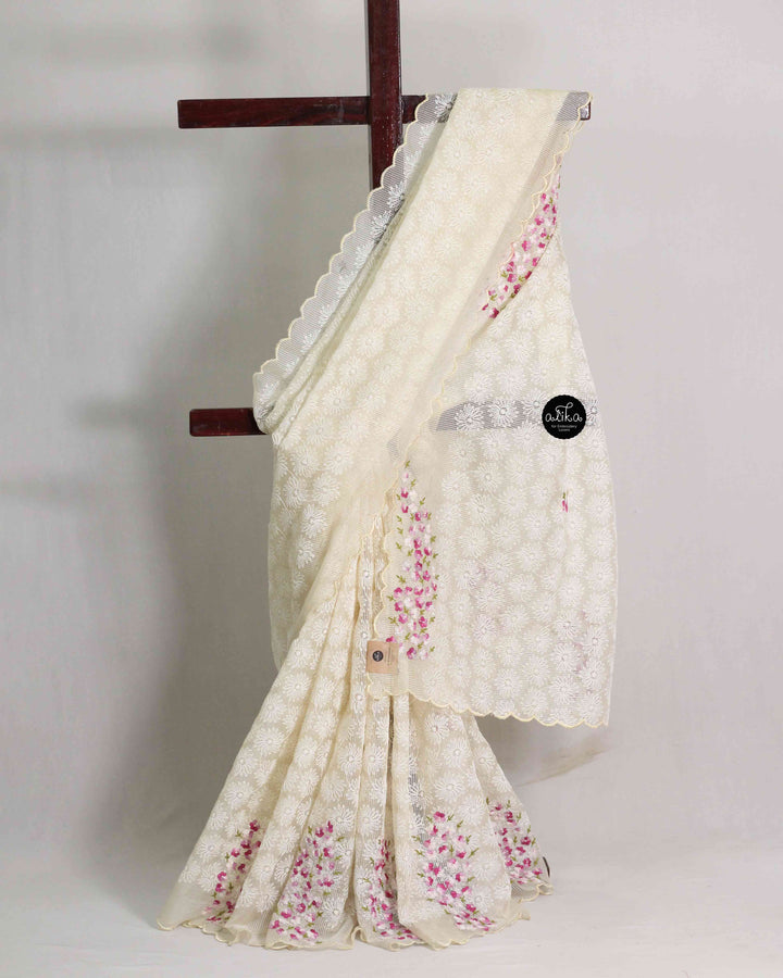 Cream Phulkari Saree with Floral Hand Embroidery
