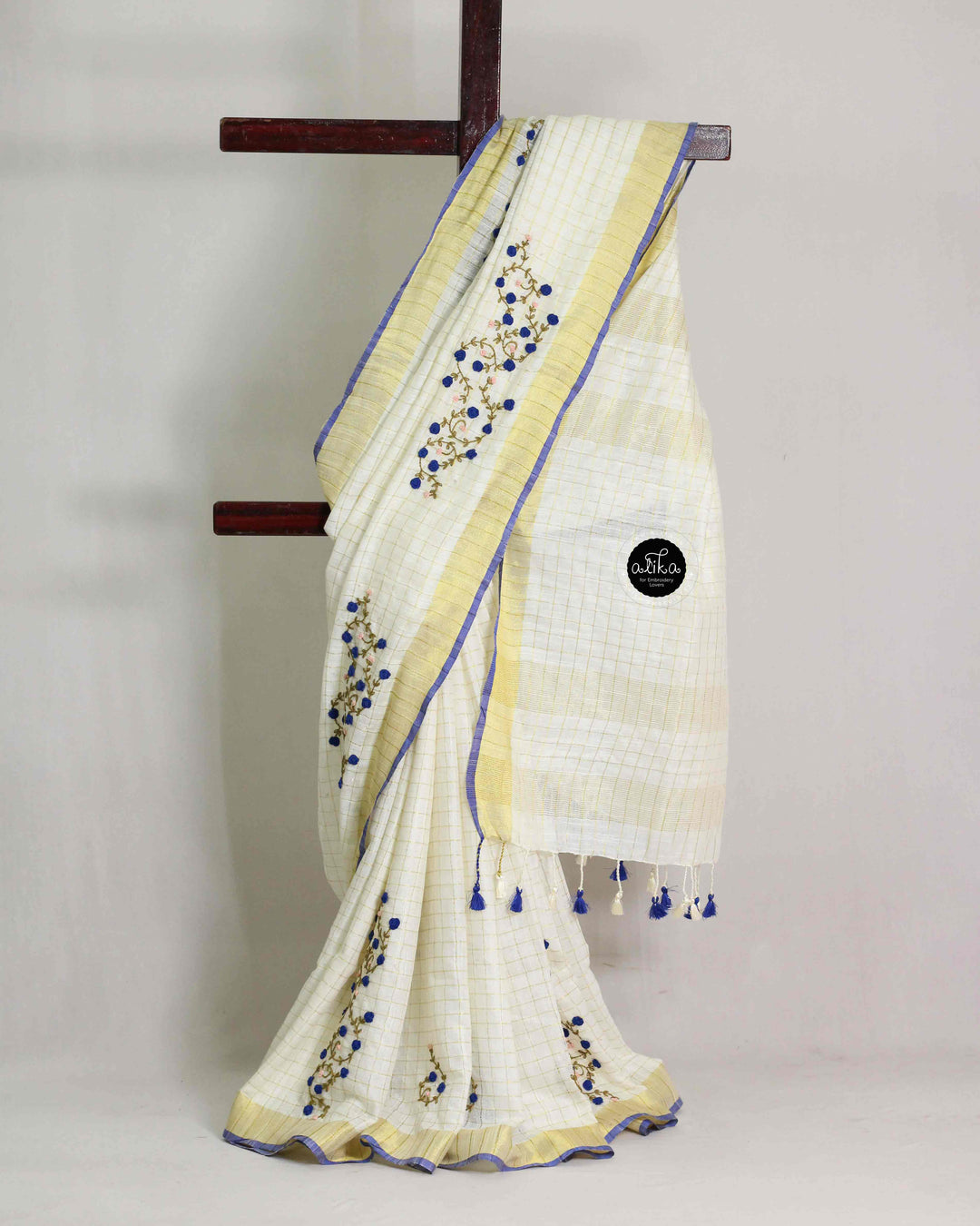 Cream Pure Linen Saree with Royal Blue Hand Embroidery