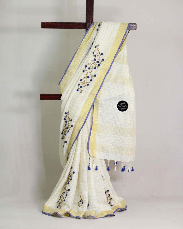 Cream Pure Linen Saree with Royal Blue Hand Embroidery
