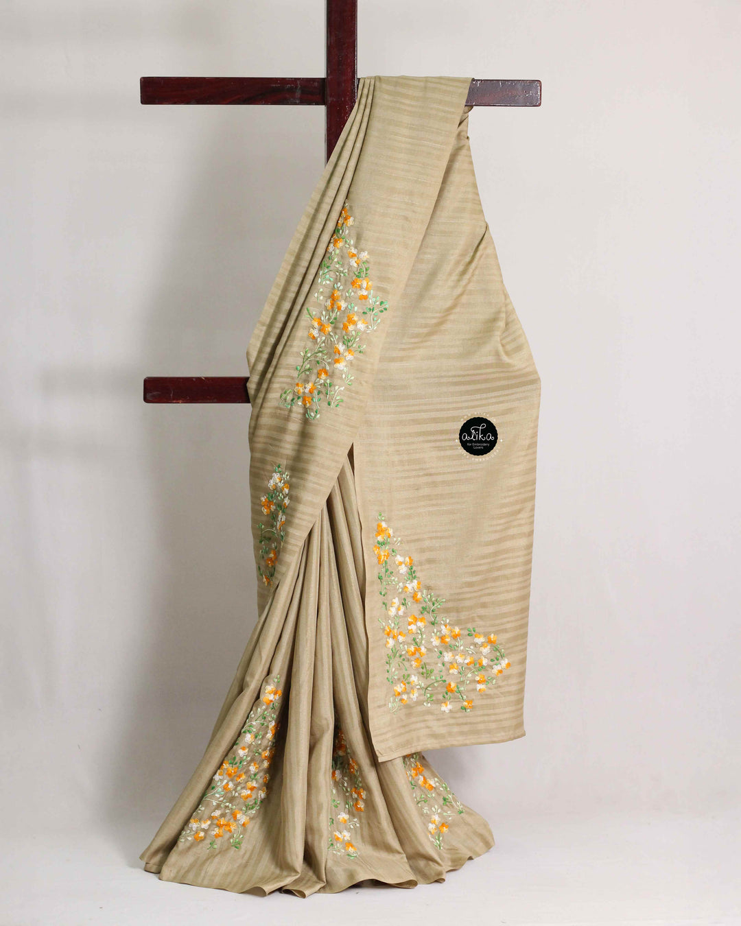 Dark Beige Semi Silk Saree with Floral Hand Embroidery