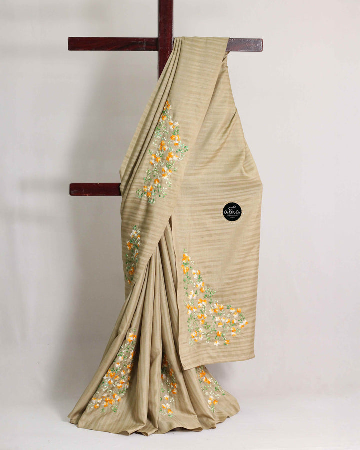 Dark Beige Semi Silk Saree with Floral Hand Embroidery