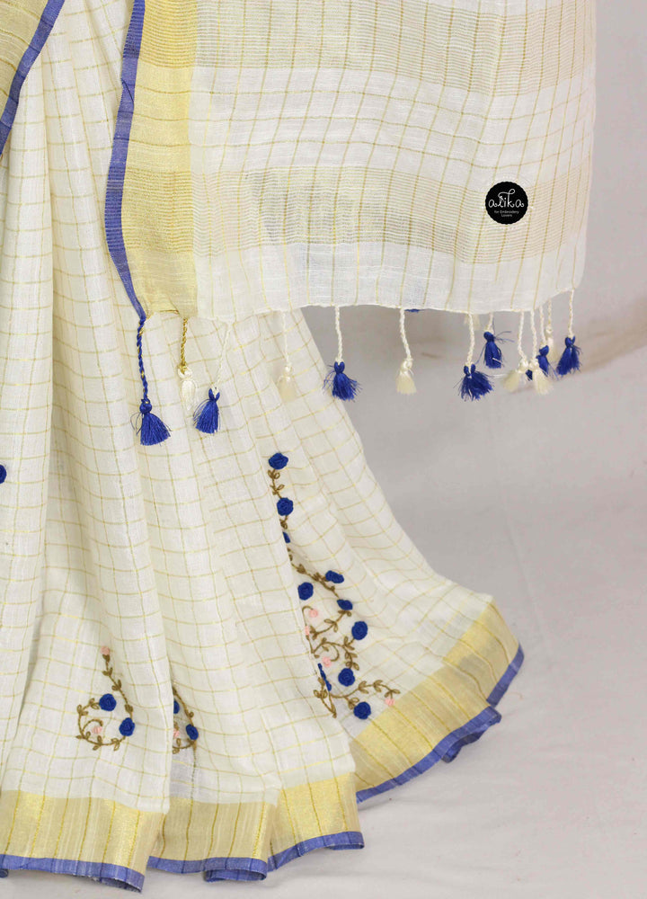 Cream Pure Linen Saree with Royal Blue Hand Embroidery