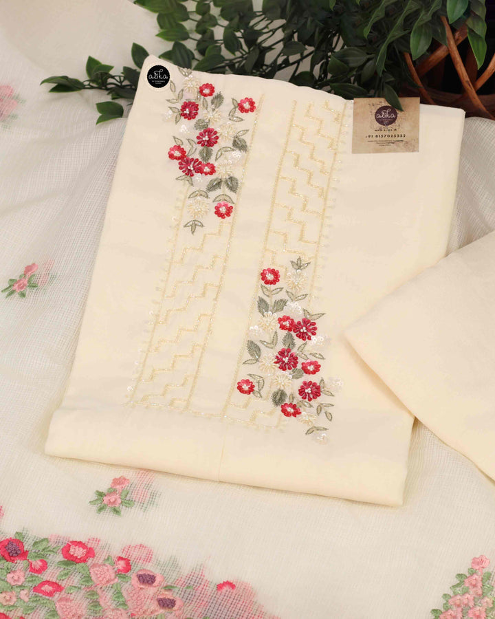 Cream Chanderi Salwar Set with Floral Embroidery and Bead Work