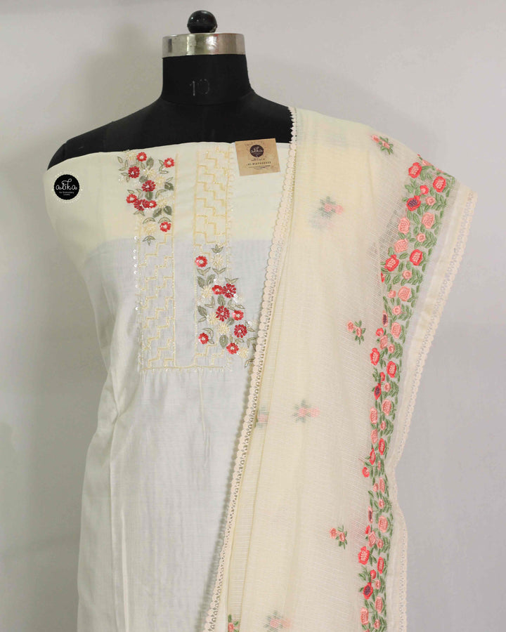Cream Chanderi Salwar Set with Floral Embroidery and Bead Work