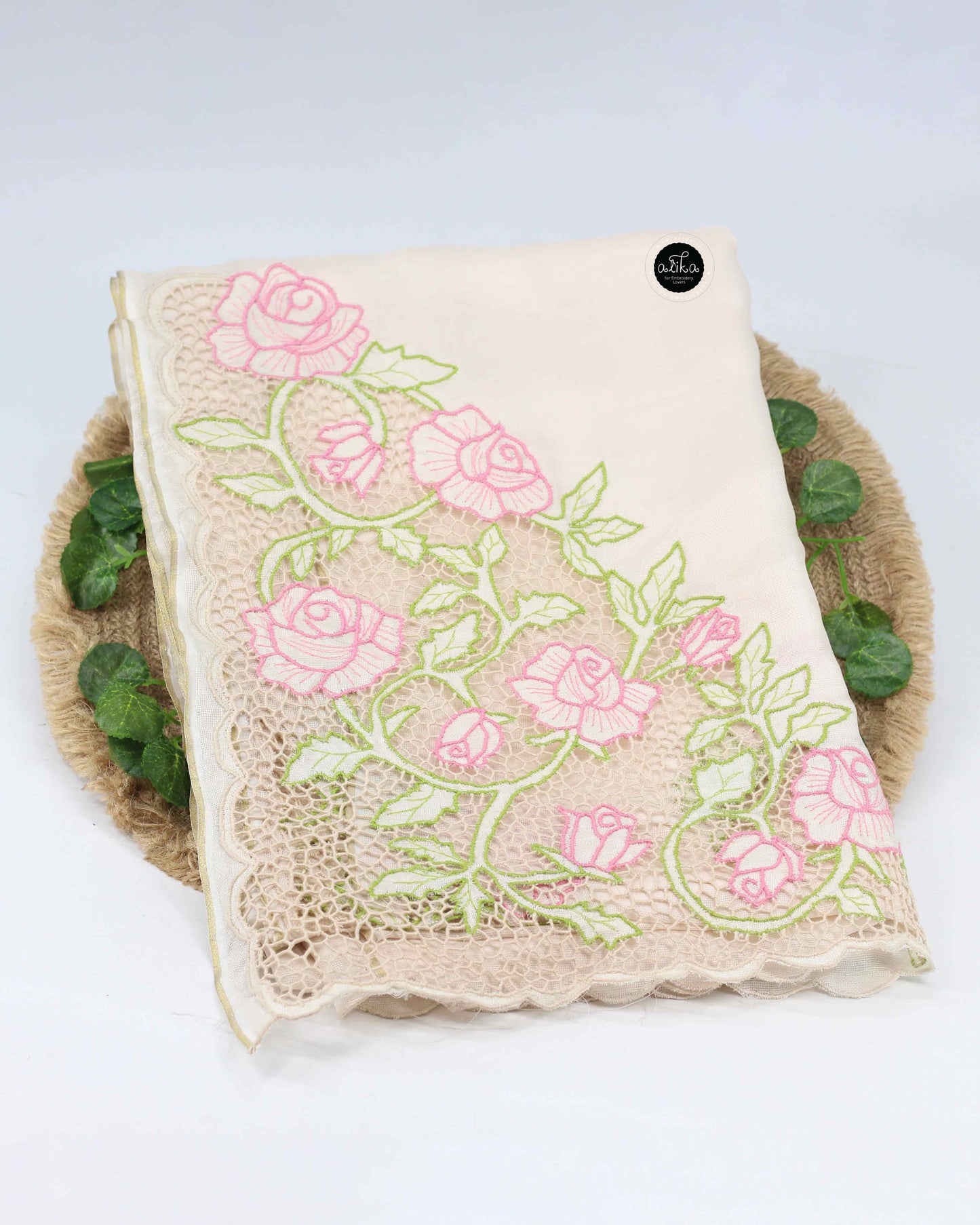 Off-White Crispy Georgette Saree with Floral Twine Cutwork | Alika Fashion Store