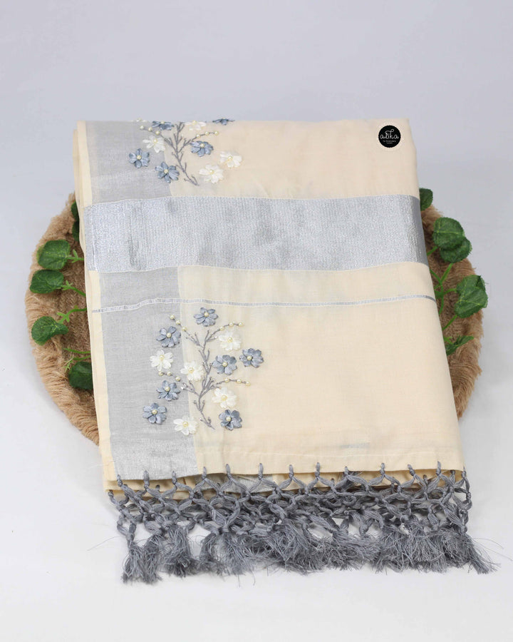 Cream and Silver Kasavu Saree with Ribbon Embroidery &amp; Bead Work