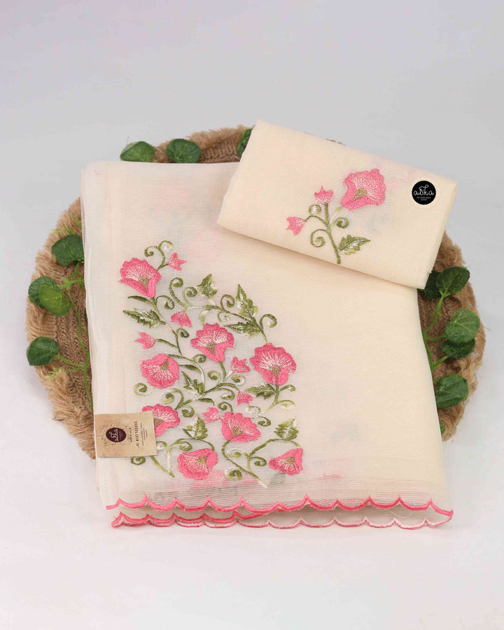 Light Beige Kota Saree with Floral Machine Embroidery