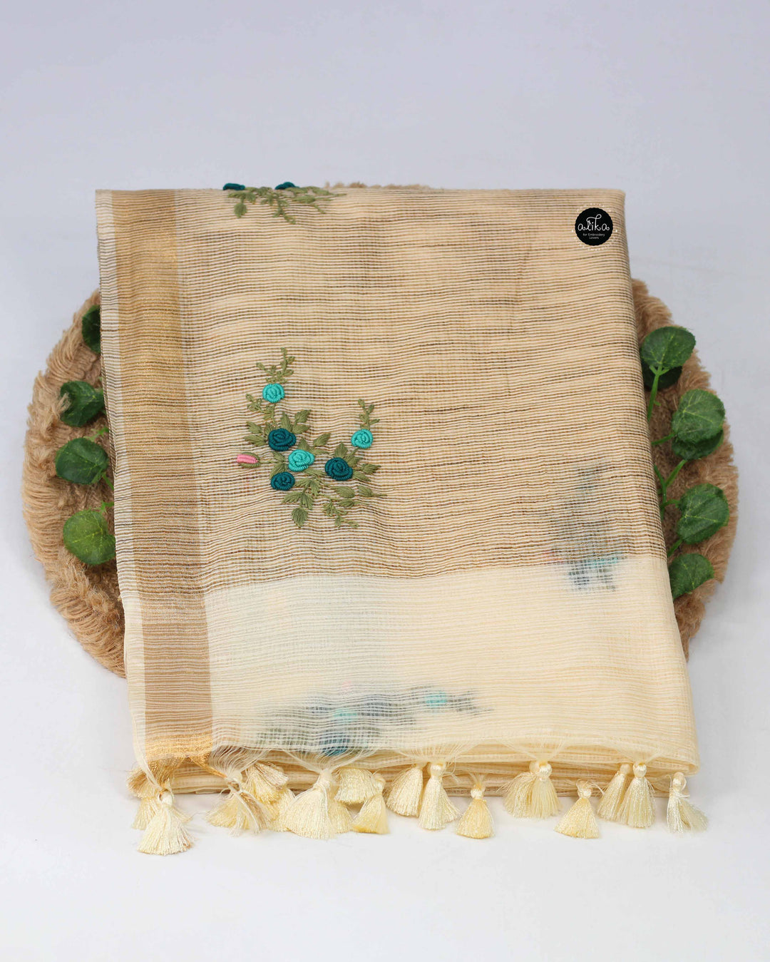 Cream Silky Kota Saree with Floral Hand Embroidery