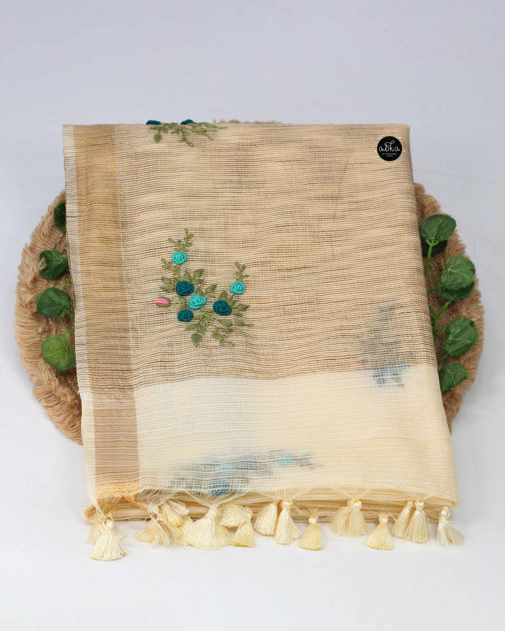 Cream Silky Kota Saree with Floral Hand Embroidery