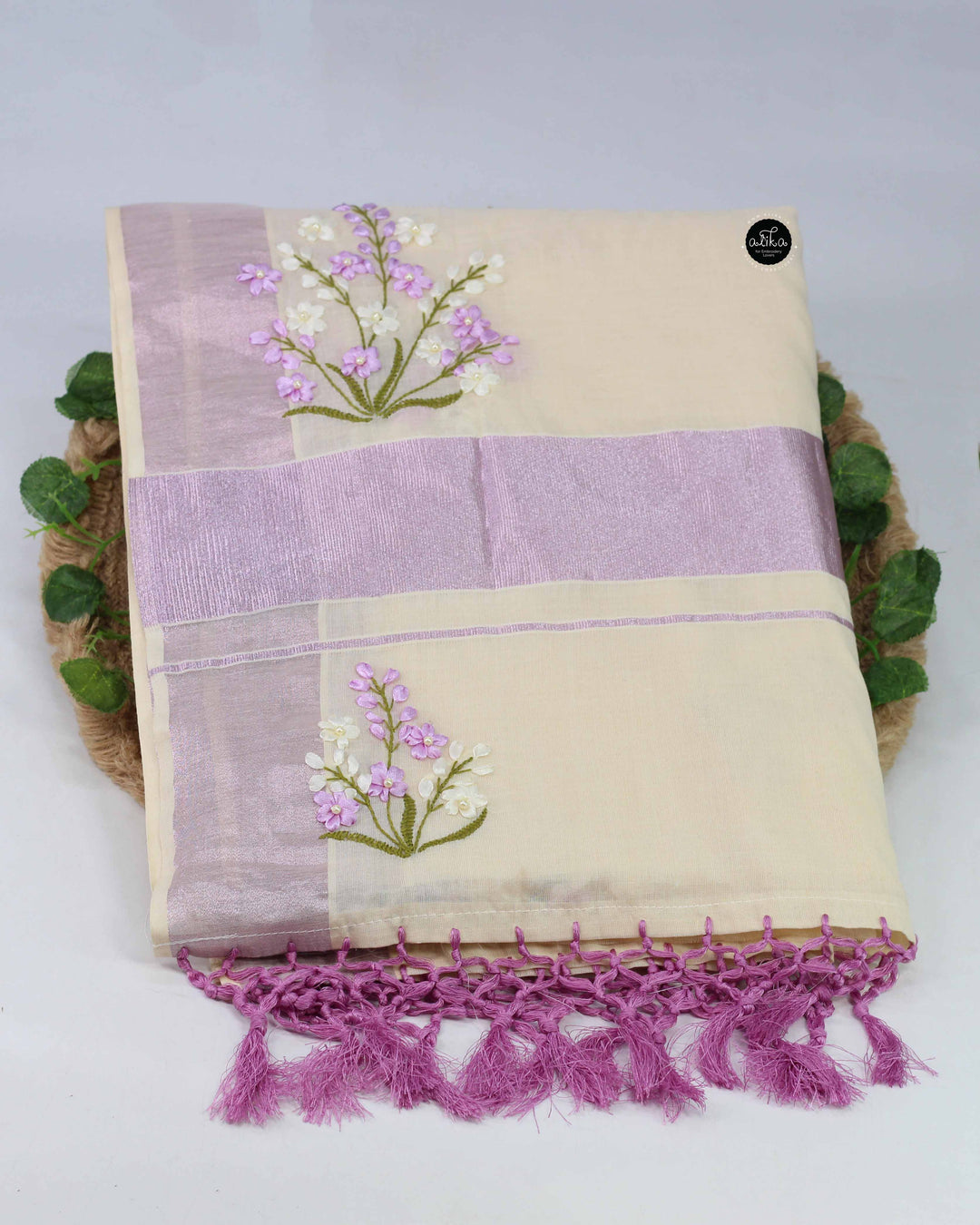 Cream &amp;amp; Lavender Kasavu Saree with Ribbon Embroidery