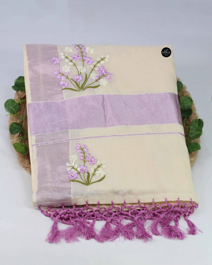 Cream &amp;amp; Lavender Kasavu Saree with Ribbon Embroidery