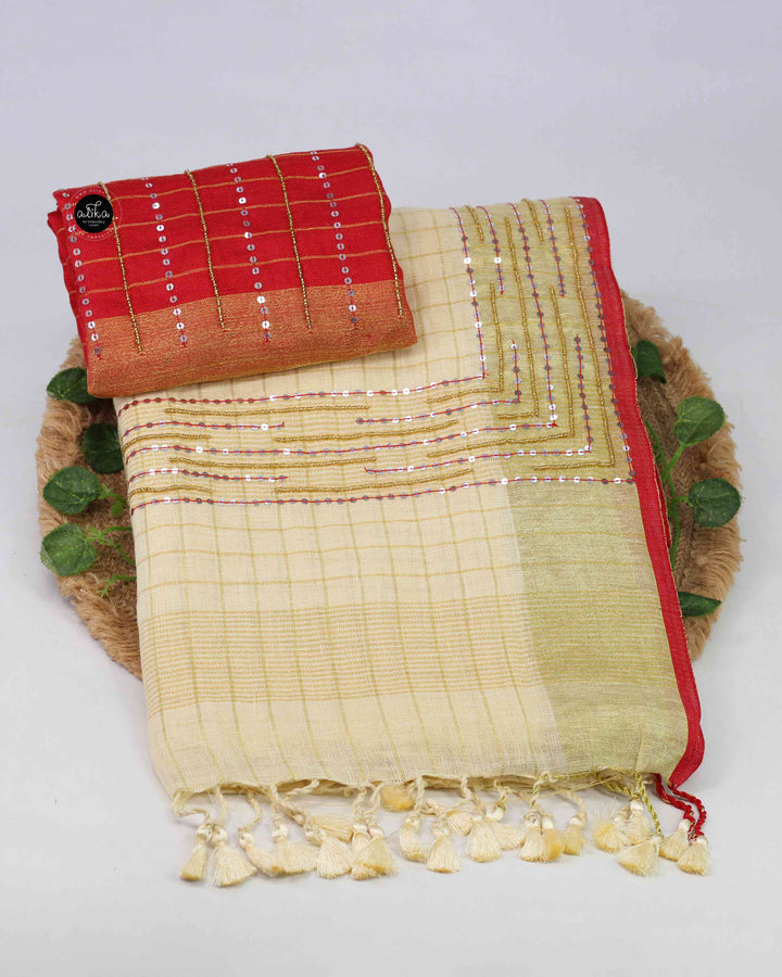 Cream Pure Linen Saree with Bead &amp; Sequin Work