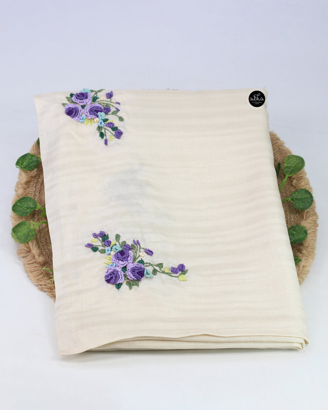 Cream Semi Silk Saree with Floral Hand Embroidery